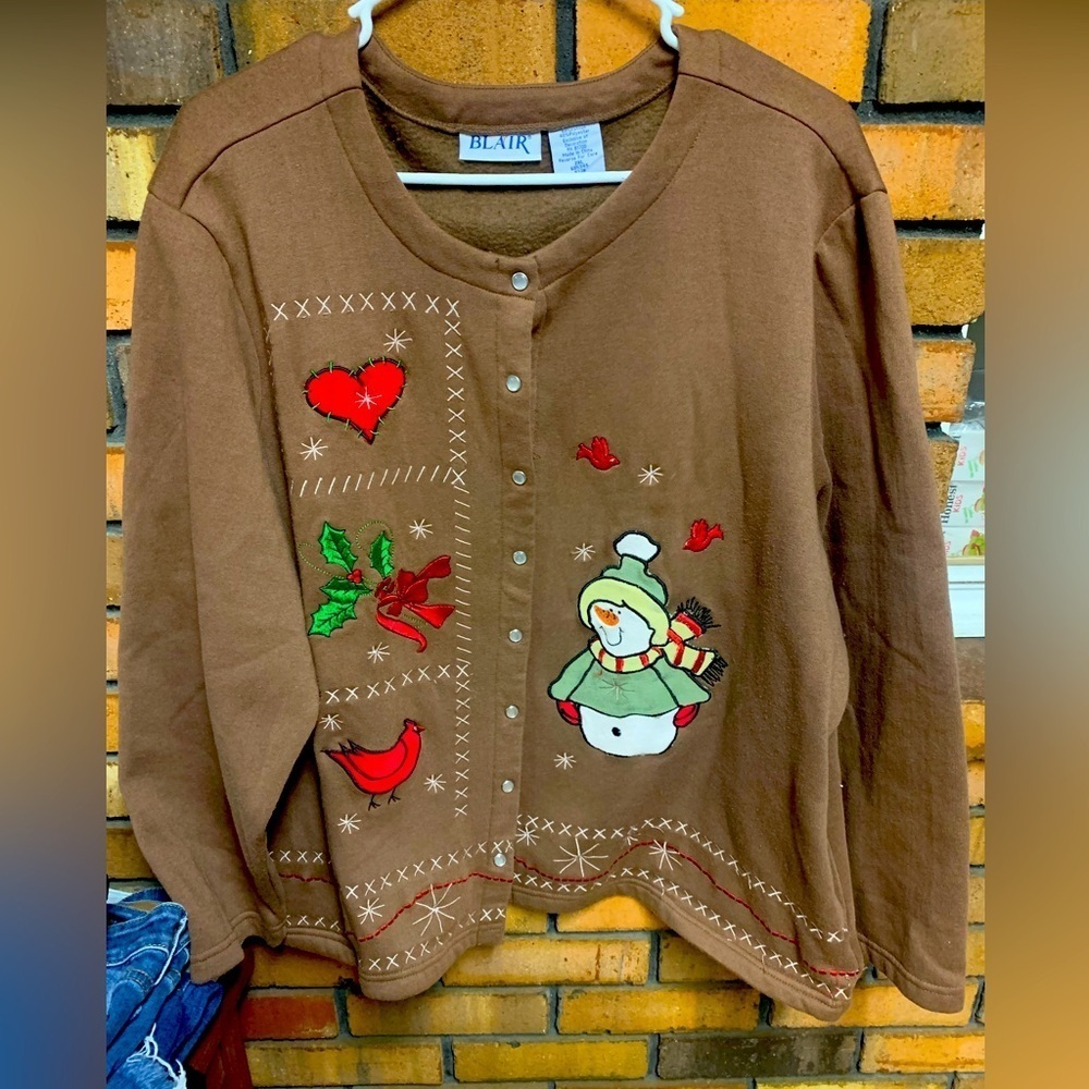 Vintage Blair Brown Holiday Snap Up Cardigan with Snowman and Heart Accents